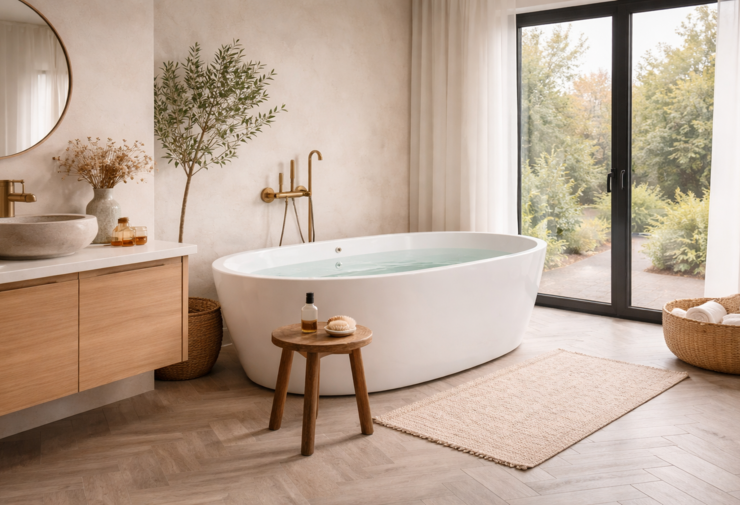 Baignoire îlot moderne dans une salle de bains lumineuse avec meuble en bois, robinetterie dorée, grande baie vitrée et ambiance naturelle apaisante.