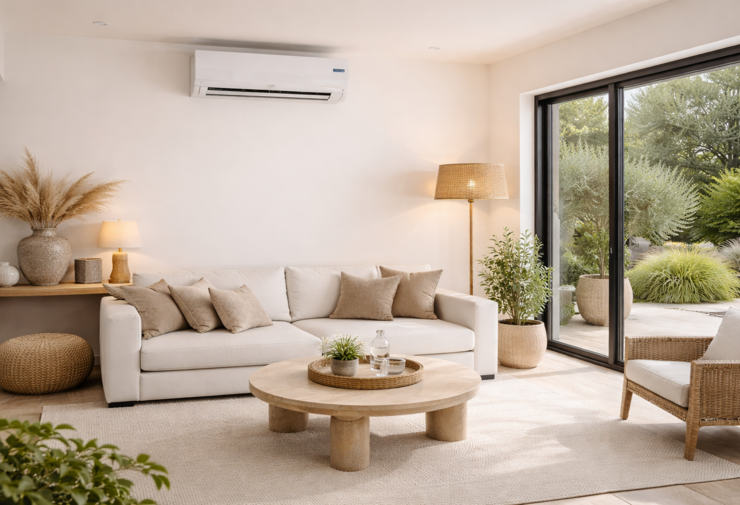 Salon moderne lumineux avec unité de climatisation murale installée au-dessus d’une baie vitrée, intérieur minimaliste aux tons neutres et mobilier contemporain.