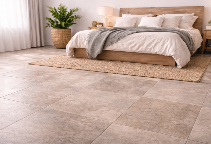 chambre moderne avec carrelage effet pierre beige, grand lit en bois, tapis naturel et ambiance lumineuse douce mettant en valeur le sol carrelé