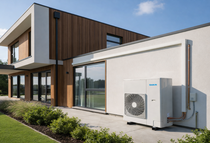 Pompe à chaleur air-eau installée à l’extérieur pour un chauffage de basse consommation et une rénovation énergétique.